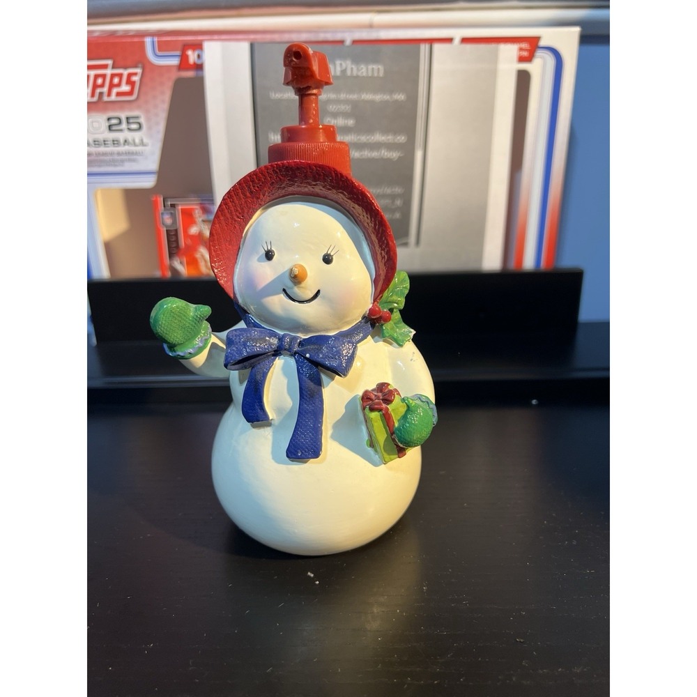 Festive Snowman Soap Dispenser - Red Hat, Blue Scarf